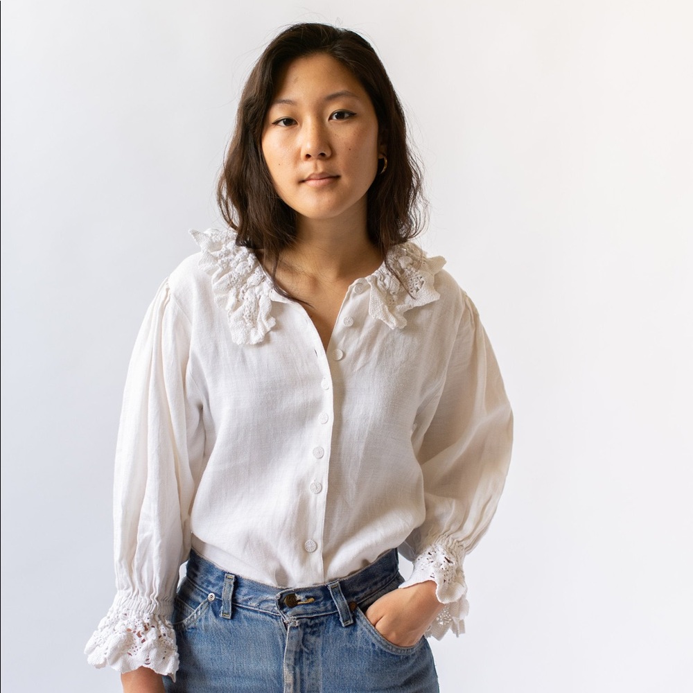 Vintage Cream Linen Puff Sleeve Crochet Blouse